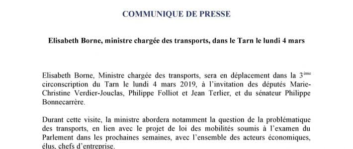 Communiqué de presse : la ministre des Transports Elisabeth BORNE dans le Tarn