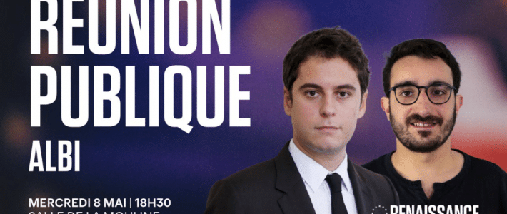 Gabriel ATTAL, Secrétaire d’État, et Jérémy HADDAD, candidat aux Européennes de la liste « Renaissance » , en meeting à Albi