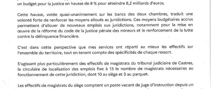 Philippe Folliot alerte le Ministre de la Justice : un juge d’instruction sera nommé au tribunal judiciaire de Castres