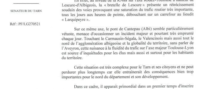 Philippe Folliot alerte l’Etat sur la situation complexe de la RN88, dans le nord du Tarn