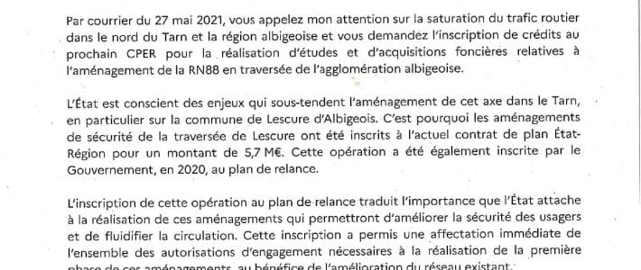 Aménagement de la RN88 : le préfet de Région répond à Philippe Folliot